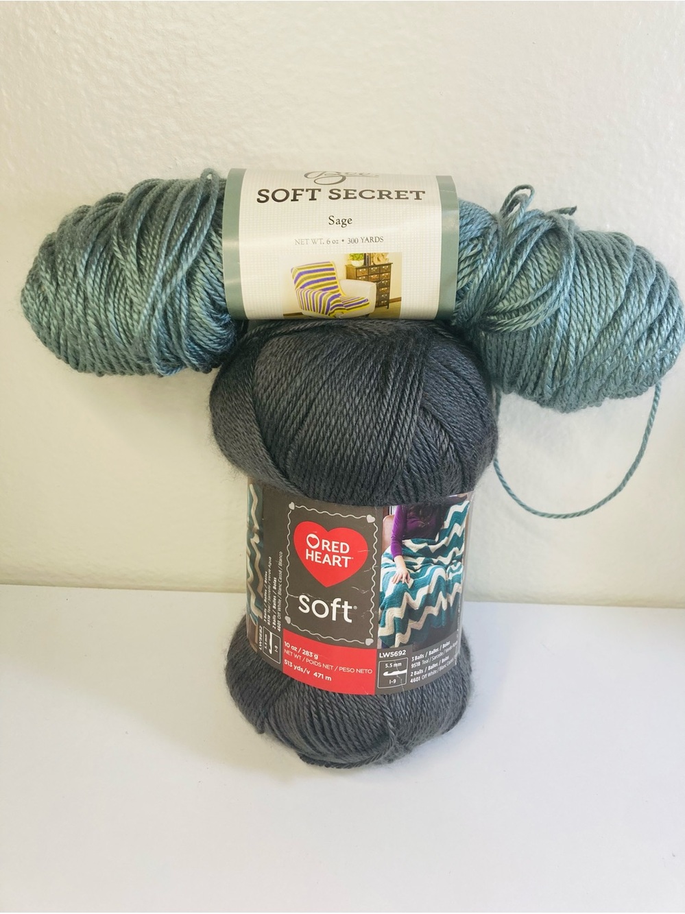 14 oz + Soft Duo: Red Heart Soft (col.: Charcoal)  & Yarn Bee Soft Secret (Sage)